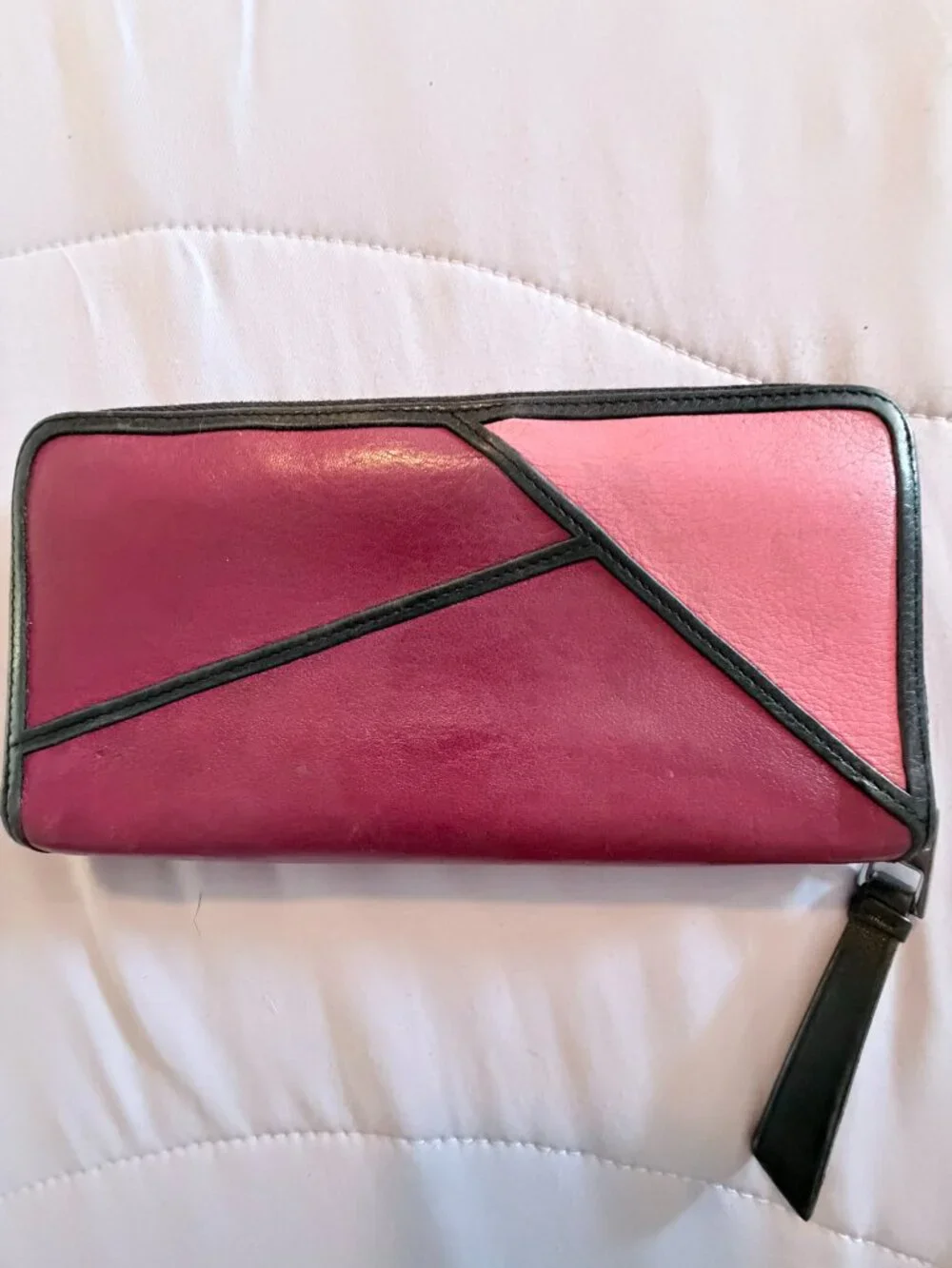 Loewe Puzzle Zip-Around Wallet Geometric Patchwork Bordeaux Pink Black Leather